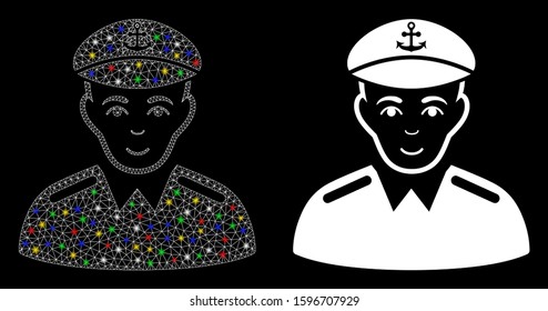 Glossy mesh captain icon with sparkle effect. Abstract illuminated model of captain. Shiny wire frame triangular mesh captain icon. Vector abstraction on a black background.