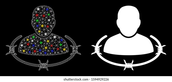 Glossy mesh captured man icon with sparkle effect. Abstract illuminated model of captured man. Shiny wire frame polygonal mesh captured man icon. Vector abstraction on a black background.