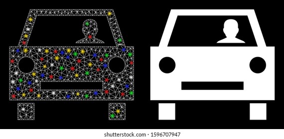 Glossy mesh car driver icon with sparkle effect. Abstract illuminated model of car driver. Shiny wire frame polygonal network car driver icon. Vector abstraction on a black background.