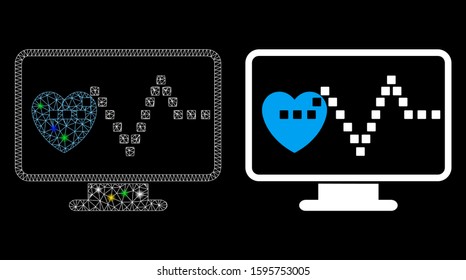Glossy mesh cardio monitoring icon with sparkle effect. Abstract illuminated model of cardio monitoring. Shiny wire carcass polygonal network cardio monitoring icon.