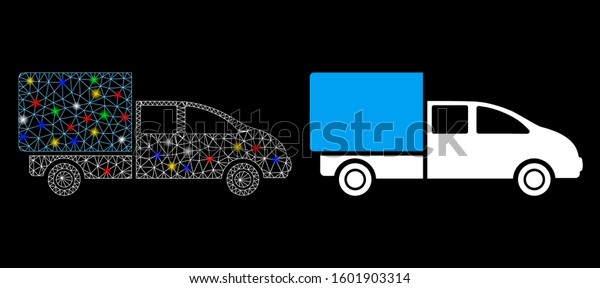 Glossy mesh cargo icon
with glare effect. Abstract illuminated model of cargo. Shiny wire
frame polygonal network cargo icon. Vector abstraction on a black
background.