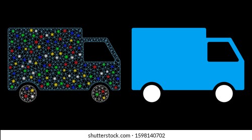 Glossy mesh cargo van icon with glitter effect. Abstract illuminated model of cargo van. Shiny wire carcass polygonal mesh cargo van icon. Vector abstraction on a black background.
