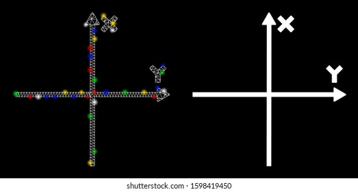 Glossy mesh cartesian axes icon with glare effect. Abstract illuminated model of cartesian axes. Shiny wire frame polygonal mesh cartesian axes icon. Vector abstraction on a black background.