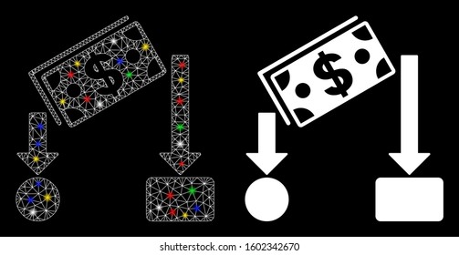 Glossy Mesh Cash Flow Icon With Glitter Effect. Abstract Illuminated Model Of Cash Flow. Shiny Wire Frame Polygonal Mesh Cash Flow Icon. Vector Abstraction On A Black Background.