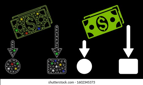 Glossy Mesh Cash Flow Icon With Glare Effect. Abstract Illuminated Model Of Cash Flow. Shiny Wire Carcass Polygonal Mesh Cash Flow Icon. Vector Abstraction On A Black Background.