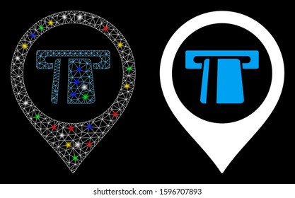 Glossy mesh cash machine marker icon with sparkle effect. Abstract illuminated model of cash machine marker. Shiny wire carcass polygonal mesh cash machine marker icon.
