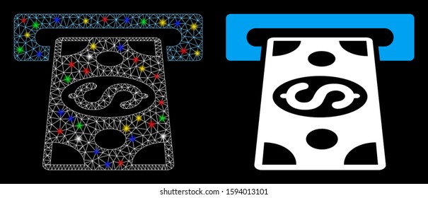 Glossy mesh cash withdraw icon with glow effect. Abstract illuminated model of cash withdraw. Shiny wire frame polygonal mesh cash withdraw icon. Vector abstraction on a black background.