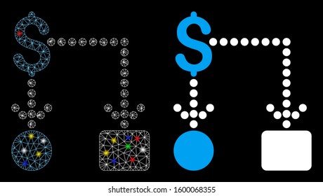 Glossy Mesh Cashflow Icon With Sparkle Effect. Abstract Illuminated Model Of Cashflow. Shiny Wire Frame Triangular Mesh Cashflow Icon. Vector Abstraction On A Black Background.