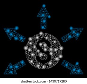 Glossy mesh cashout with glare effect. Abstract illuminated model of cashout icon. Shiny wire frame polygonal mesh cashout. Vector abstraction on a black background.