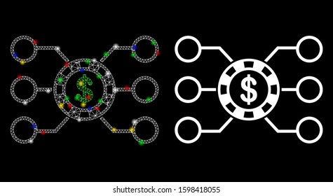Glossy mesh casino chip circuit icon with lightspot effect. Abstract illuminated model of casino chip circuit. Shiny wire frame polygonal mesh casino chip circuit icon.