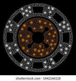 Glossy mesh casino chip with glow effect. Abstract illuminated model of casino chip icon. Shiny wire frame triangular network casino chip. Vector abstraction on a black background.