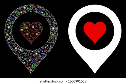 Glossy mesh casino map marker icon with lightspot effect. Abstract illuminated model of casino map marker. Shiny wire frame polygonal mesh casino map marker icon.