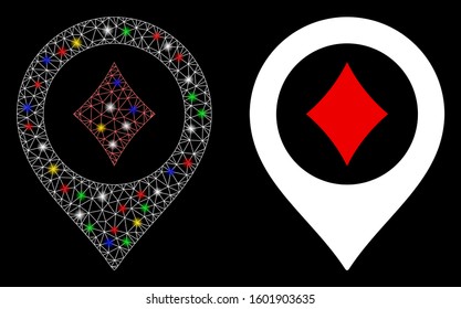 Glossy mesh casino map pointer icon with lightspot effect. Abstract illuminated model of casino map pointer. Shiny wire carcass triangular network casino map pointer icon.