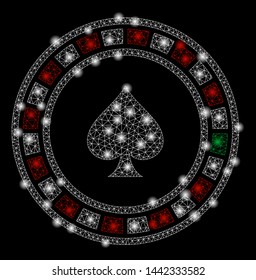 Glossy mesh casino roulette with sparkle effect. Abstract illuminated model of casino roulette icon. Shiny wire carcass triangular mesh casino roulette. Vector abstraction on a black background.