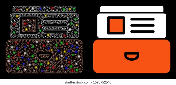 Glossy mesh catalog icon with glow effect. Abstract illuminated model of catalog. Shiny wire frame triangular mesh catalog icon. Vector abstraction on a black background.