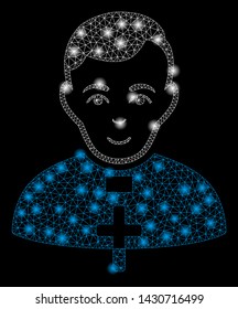 Glossy mesh catholic priest with glow effect. Abstract illuminated model of catholic priest icon. Shiny wire carcass triangular mesh catholic priest. Vector abstraction on a black background.