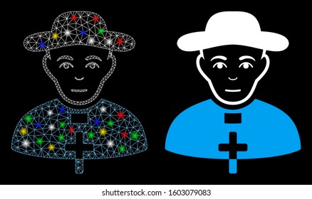 Glossy mesh catholic shepherd icon with lightspot effect. Abstract illuminated model of catholic shepherd. Shiny wire carcass polygonal mesh catholic shepherd icon.