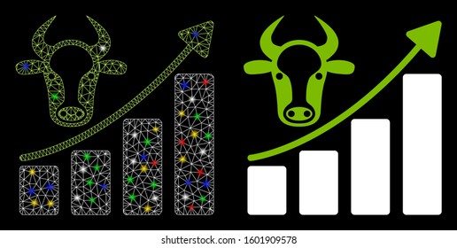 Glossy mesh cattle chart grow up icon with lightspot effect. Abstract illuminated model of cattle chart grow up. Shiny wire frame polygonal mesh cattle chart grow up icon.