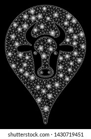 Glossy mesh cattle marker with glitter effect. Abstract illuminated model of cattle marker icon. Shiny wire carcass polygonal mesh cattle marker. Vector abstraction on a black background.