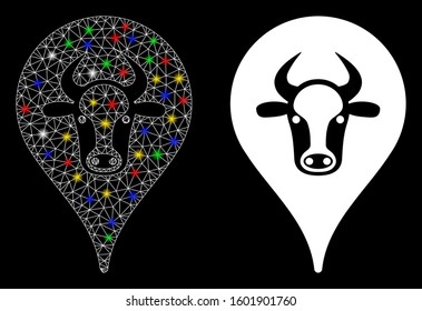 Glossy mesh cattle marker icon with lightspot effect. Abstract illuminated model of cattle marker. Shiny wire frame polygonal mesh cattle marker icon. Vector abstraction on a black background.
