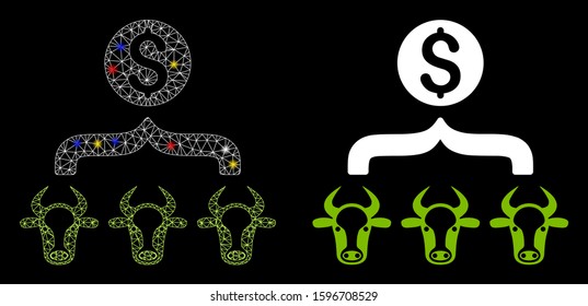 Glossy mesh cattle result money icon with glare effect. Abstract illuminated model of cattle result money. Shiny wire carcass polygonal mesh cattle result money icon.