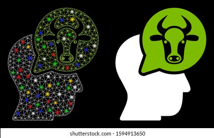 Glossy mesh cattle thinking person icon with glow effect. Abstract illuminated model of cattle thinking person. Shiny wire carcass triangular network cattle thinking person icon.