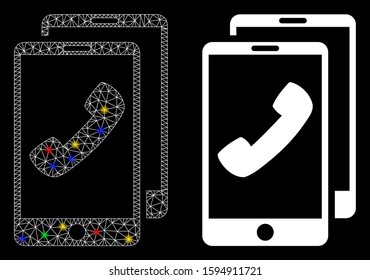 Glossy mesh cell phones icon with lightspot effect. Abstract illuminated model of cell phones. Shiny wire carcass triangular network cell phones icon. Vector abstraction on a black background.