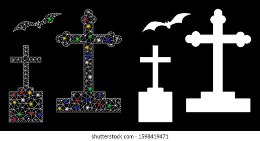 Glossy mesh cemetery icon with sparkle effect. Abstract illuminated model of cemetery. Shiny wire carcass polygonal mesh cemetery icon. Vector abstraction on a black background.