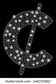 Glossy mesh cent with glow effect. Abstract illuminated model of cent icon. Shiny wire carcass triangular mesh cent. Vector abstraction on a black background. Abstract 2d mesh designed with triangles,