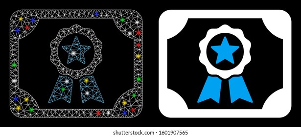 Glossy mesh certificate icon with glare effect. Abstract illuminated model of certificate. Shiny wire carcass polygonal network certificate icon. Vector abstraction on a black background.
