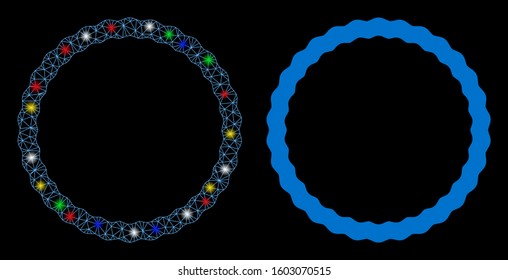 Glossy mesh certificate rosette frame icon with lightspot effect. Abstract illuminated model of certificate rosette frame. Shiny wire frame polygonal mesh certificate rosette frame icon.