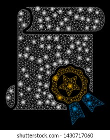 Glossy mesh certificate with sparkle effect. Abstract illuminated model of certificate icon. Shiny wire carcass polygonal network certificate. Vector abstraction on a black background.