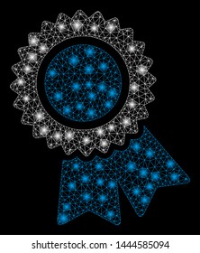 Glossy mesh certification with glow effect. Abstract illuminated model of certification icon. Shiny wire frame triangular mesh certification. Vector abstraction on a black background.