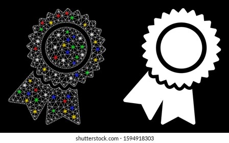 Glossy mesh certification seal icon with glare effect. Abstract illuminated model of certification seal. Shiny wire carcass polygonal mesh certification seal icon.