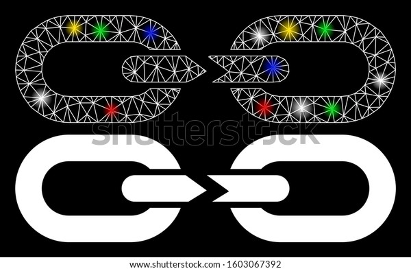 Glossy\
mesh chain break icon with glare effect. Abstract illuminated model\
of chain break. Shiny wire frame triangular network chain break\
icon. Vector abstraction on a black\
background.