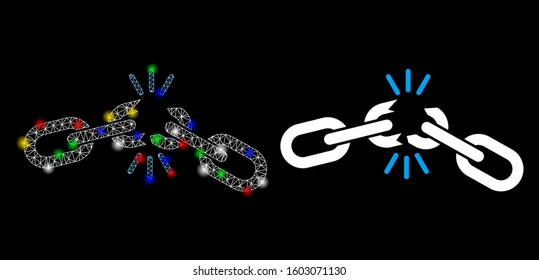Glossy mesh chain damage icon with glitter effect. Abstract illuminated model of chain damage. Shiny wire carcass polygonal mesh chain damage icon. Vector abstraction on a black background.