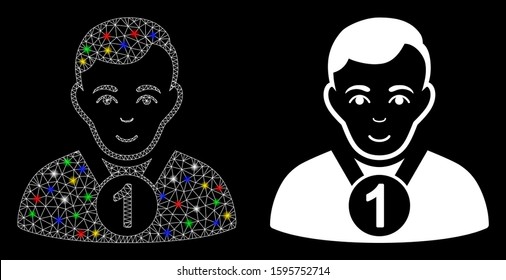 Glossy mesh champion icon with glow effect. Abstract illuminated model of champion. Shiny wire carcass triangular mesh champion icon. Vector abstraction on a black background.