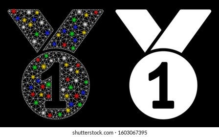 Glossy mesh champion medal icon with sparkle effect. Abstract illuminated model of champion medal. Shiny wire frame polygonal mesh champion medal icon. Vector abstraction on a black background.