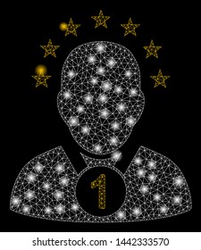 Glossy mesh champion with sparkle effect. Abstract illuminated model of champion icon. Shiny wire carcass triangular network champion. Vector abstraction on a black background.