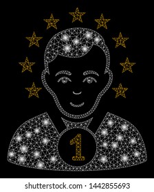 Glossy mesh champion with sparkle effect. Abstract illuminated model of champion icon. Shiny wire frame polygonal mesh champion. Vector abstraction on a black background.