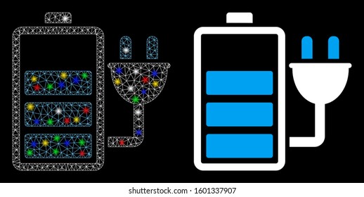 Glossy mesh charge battery icon with sparkle effect. Abstract illuminated model of charge battery. Shiny wire frame triangular mesh charge battery icon. Vector abstraction on a black background.
