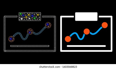 Glossy mesh chart icon with glare effect. Abstract illuminated model of chart. Shiny wire carcass triangular mesh chart icon. Vector abstraction on a black background.