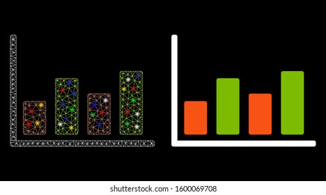Glossy mesh chart icon with glitter effect. Abstract illuminated model of chart. Shiny wire frame polygonal mesh chart icon. Vector abstraction on a black background.