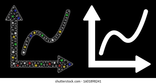 Glossy mesh chart icon with sparkle effect. Abstract illuminated model of chart. Shiny wire carcass triangular mesh chart icon. Vector abstraction on a black background.