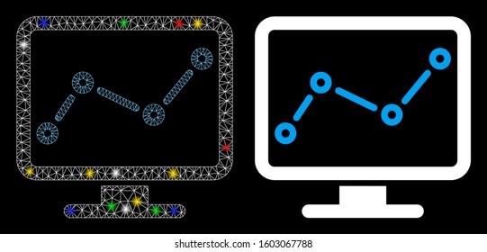 Glossy mesh chart monitoring icon with glare effect. Abstract illuminated model of chart monitoring. Shiny wire carcass polygonal mesh chart monitoring icon. Vector abstraction on a black background.