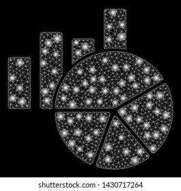 Glossy mesh charts with glitter effect. Abstract illuminated model of charts icon. Shiny wire frame triangular mesh charts. Vector abstraction on a black background.