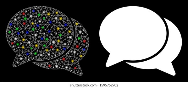 Glossy mesh chat icon with glitter effect. Abstract illuminated model of chat. Shiny wire frame polygonal mesh chat icon. Vector abstraction on a black background.