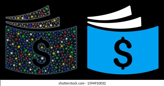 Glossy mesh checkbook icon with lightspot effect. Abstract illuminated model of checkbook. Shiny wire frame polygonal mesh checkbook icon. Vector abstraction on a black background.