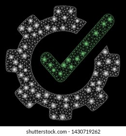 Glossy mesh checking asistance with glow effect. Abstract illuminated model of checking asistance icon. Shiny wire carcass triangular mesh checking asistance. Vector abstraction on a black background.