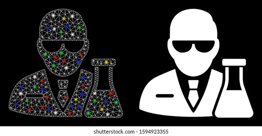 Glossy mesh chemical scientist icon with glitter effect. Abstract illuminated model of chemical scientist. Shiny wire frame polygonal mesh chemical scientist icon.